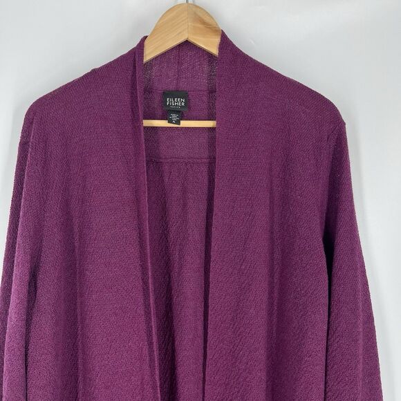 Eileen Fisher Sweater Size Large Petite Berry Open Front Sheer Wool Cardigan - Picture 2 of 8
